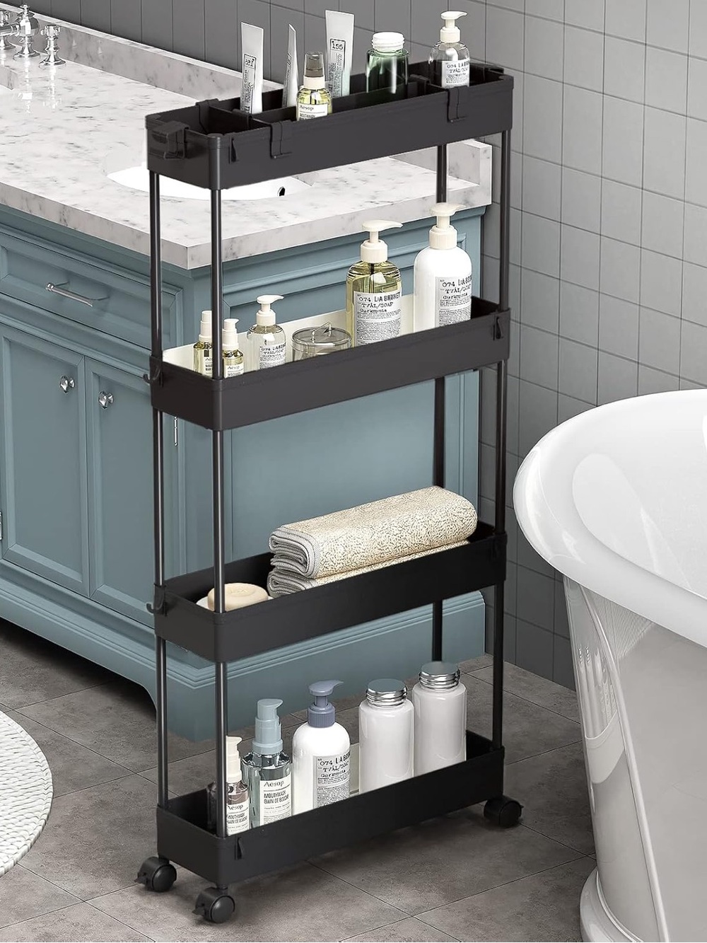 Black 4-Tier Rolling Bathroom Storage Shelf - Brand